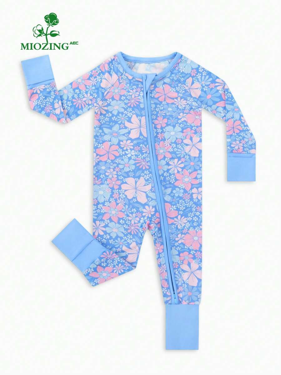 MIOZING  Bamboo Viscose Baby Romper With Two-Way Zipper,Spring Floral Blossom & Butterfly Print,Breathable Long Sleeve Jumpsuit Sleepwear For Boys Girls 0-24M - 紫丁香色 - 查看 1
