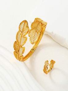 2pcs Middle Eastern Ramadan Hollow Feather Textured Wide Bangle & Ring Jewelry Set, Best Gift For Family And Friends - Yellow Gold - View 7