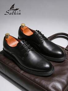 Salkin 男士时尚优雅商务牛津皮鞋，圆头系带正装鞋，男士纯色防滑耐用鞋底，适合派对、婚礼、社交场合、春秋季节，尺码偏大，建议选择小一码 - 黑色 - 查看 4