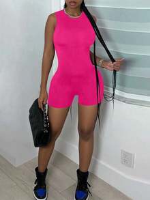 EARO 女士连体裤，休闲户外穿着，小圆领，后背隐形拉链，适合健身、瑜伽、普拉提等运动，百搭简约，高弹面料，柔软舒适，适合毕业季、返校季、Y2K 风格、音乐节、派对、春夏等多种场合，也可作为婚礼季的优雅单品。 - 玫紅色 - 查看 3