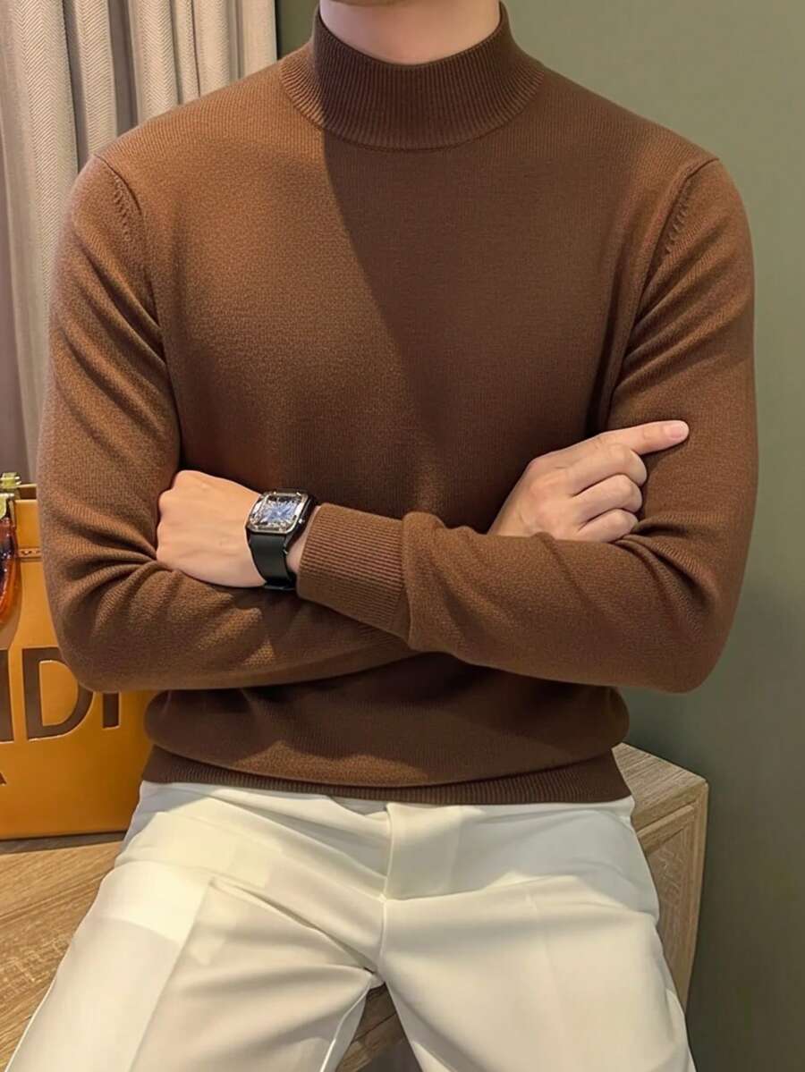 Men's Half Turtleneck Knit Sweater, Hand Wash, Solid Color, Knitted Clothing, Casual Basic Pullover Top For Spring & Autumn - Brown - View 1