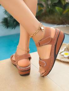 2026 New Women's White Wedge Heel Thick Sole Sandals, Brown & Blue Beach Flat Shoes For Summer - Brown - View 3