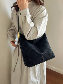 【复古水洗托特包 - 做旧五金单肩包，适合成熟女性，多隔层防水，焦糖棕色极简风格，适合通勤、上学、逛街，四季皆宜】 - 黑色 - 查看 5