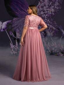 Faeriesty Elegante vestido de fiesta de maternidad de talla grande, de cuello redondo, de manga corta y largo hasta los tobillos, en tela de malla y tul con bordado de lentejuelas con patrón floral intrincado, en color rosa suave, para primavera - Rosa vieja - Ver 3