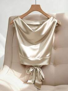 Áo croptop cổ yếm bằng satin màu sâm panh dành cho nữ, áo kiểu không tay cổ đổ, áo hai dây thanh lịch cho dự tiệc và hẹn hò, áo mùa hè, trang phục lễ hội cho nữ, áo dự tiệc, áo kiểu thường ngày cho nữ, trang phục đi nghỉ mát, áo công sở cho nữ. - Màu be - Xem 4