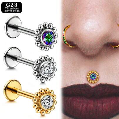 1件复古圆形锆石宝石耳环，男女通用，ASTM F136钛金属平头耳钉，防过敏，无螺纹，穿刺饰品，优雅礼物