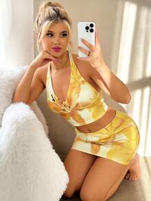 黄色格子复古印花吊带背心套装，Y2K性感夏季沙滩度假露脐上衣和迷你裙两件套 - 彩色 - 查看 5