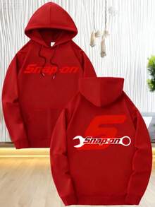 Sudadera casual para hombres (estampado de patrones, diseño de botón a presión de herramienta), con bolsillo y capucha con cordón - Sudadera de poliéster marrón, lavable a máquina, - Rojo - Ver 1