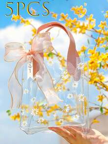 1/5个装礼品袋，带防水袋和雏菊图案丝带，时尚便携婚礼礼品袋，小巧雏菊图案PVC透明手提袋 - 彩色 - 查看 21