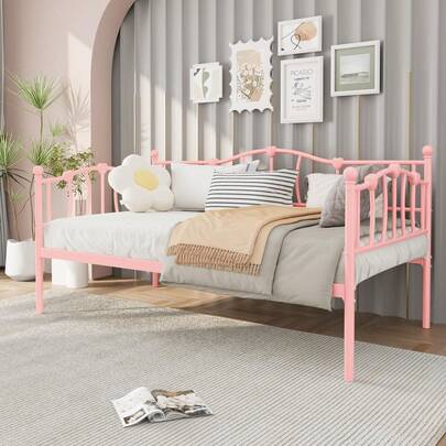 Twin Size Daybed Frame, Metal Platform Sofa Bed With Stylish Headboard, Heavy Duty Steel Slat Support, Space Saving For Living Room/Bedroom/Guest Room, No Box Spring Needed,Pink