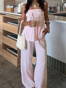 Women's Pink 2 Pieces Set, Including Ruffle Camisole Top And High Waist Wide Leg Pants, Suitable For Beach Vacation - Pink - View 6