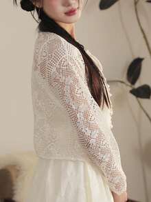 女士蕾丝针织披肩开衫，轻盈镂空长袖罩衫，夏季度假风 - 杏色 - 查看 5
