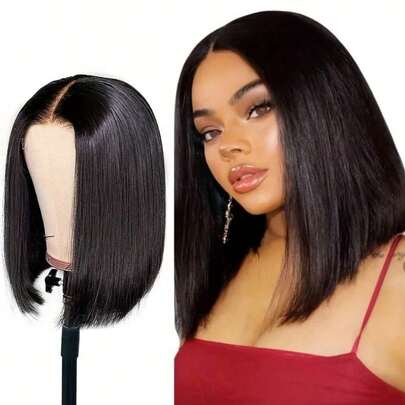 侧分黑色波波头假发 8-16 英寸 自然短直波波头假发 适合日常佩戴和角色扮演派对假发 180% 密度