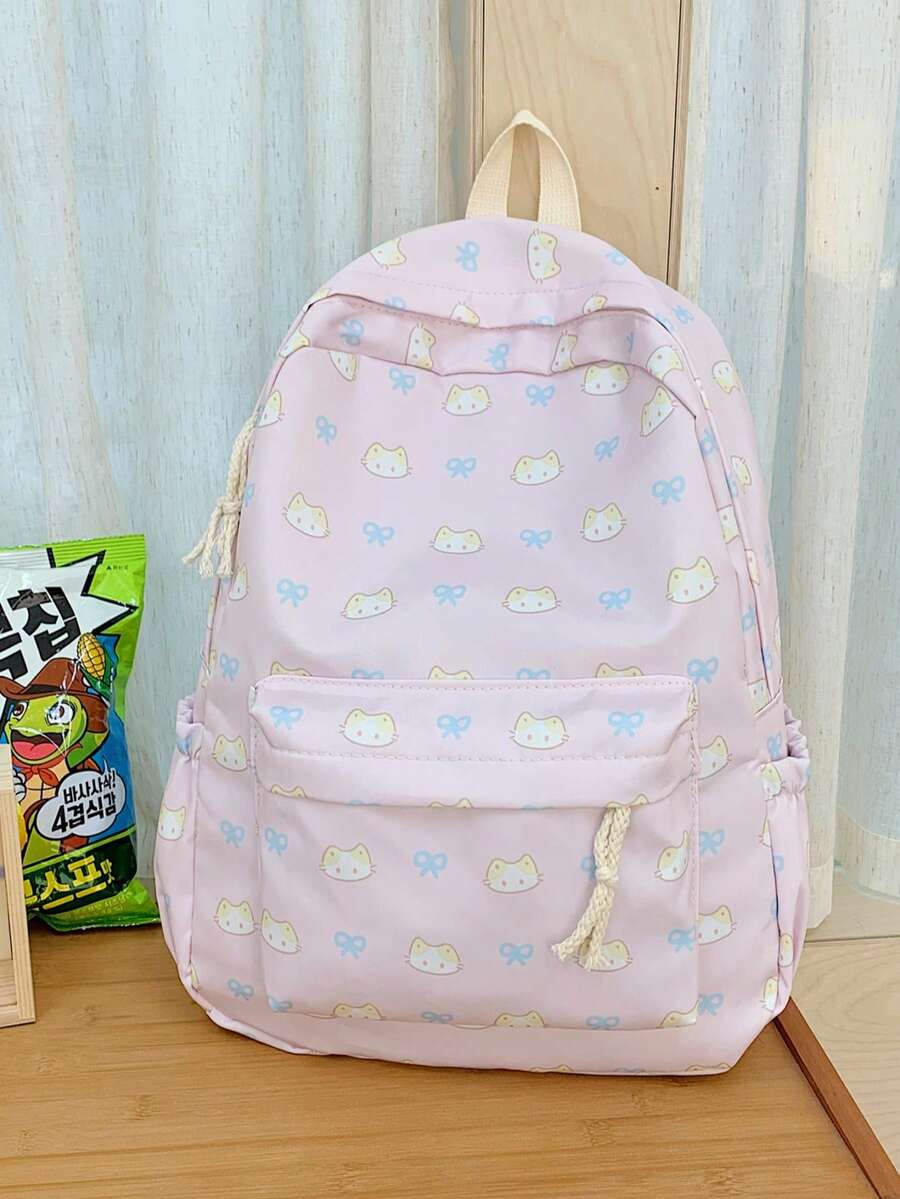 1pc Nylon Cute Cat Allover Print Large Capacity Backpack, Fashionable Casual Backpack For Students, Commuting, Travel, Unisex