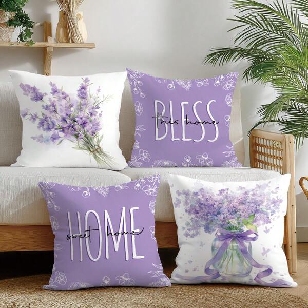 4pcs Minimalist Spring Purple Lavender "Bless Home" Pillow Cover Set, Single-Sided Printed Peach Velvet Polyester Material, 45*45CM Cushion Cover For Modern Fabric Sofa Indoor Decor, Party Decoration, Gift