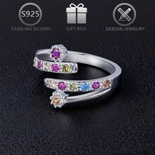 1 pieza Anillo abierto de plata de ley 925 con circonita cúbica incrustada, adecuado para uso diario casual, fiestas, bodas, vacaciones, cumpleaños, regalo del Día de San Valentín para mujeres - Plateado - Ver 6