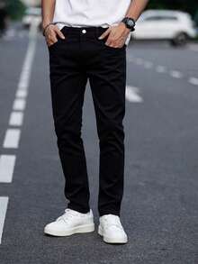 Men's Slim Fit Jeans, Black Skinny Stretch Tapered Leg Style, Minimalist All-Match Versatile Design, Neat Casual Street Wear - Black - View 1