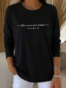 Black Long Sleeve T-Shirt With "Paris" French Print, Minimalist Romantic Style, Women's Long Sleeve T-Shirt, Cotton Round Neck Top, Female Apparel, Autumn/Winter, Warm Lining, Pullover, T-Shirt, Womenswear, Comfortable Fit, Autumn/Winter Clothing, Everyday Wear - Black - View 1