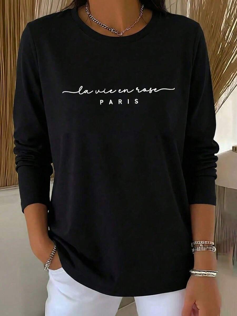 Black Long Sleeve T-Shirt With "Paris" French Print, Minimalist Romantic Style, Women's Long Sleeve T-Shirt, Cotton Round Neck Top, Female Apparel, Autumn/Winter, Warm Lining, Pullover, T-Shirt, Womenswear, Comfortable Fit, Autumn/Winter Clothing, Everyday Wear - Black - View 1