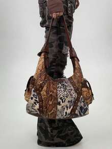 Y2K 个性化豹纹女士摩托车手提包，复古拼接铆钉镶嵌，时尚日常手提包，适合日常使用、聚会、通勤和旅行，是品味高雅的节日时尚礼物。 - 棕色 - 查看 4