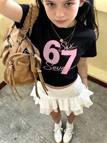 女童及青少年学生休闲粉色印花圆领短袖T恤，夏季上衣 - 黑色 - 查看 3