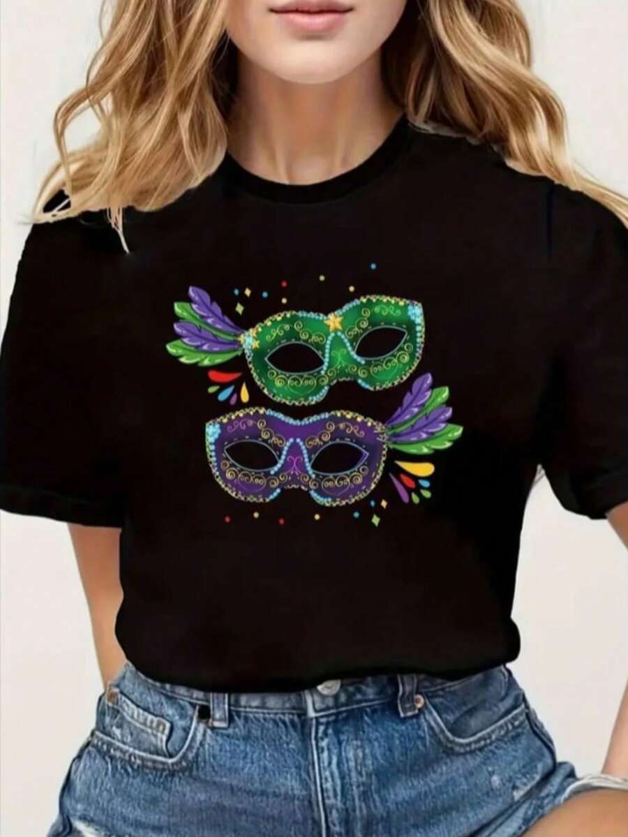 Camiseta Feminina Premium 100% Algodão Confortável Estilosa Soifisticada Modelo: Mascaras Coloridas Carnaval - Novidade Promoção Especial - Preto - Visão 1