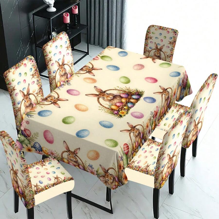 1/4/5/6/7/30pcs Easter Theme Tablecloth, Easter Theme Polyester Fiber Dining Tablecloth, Cute Rabbit & Egg Pattern, Suitable For Restaurant, Cafe And Holiday Decoration, Adding Warm Atmosphere, Suitable For Family Gathering And Seasonal Arrangement, Easter Party Decoration Tablecloth