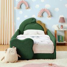 YOGLAD Twin Size Dinosaur Shaped Upholstered Bed Frame, 3D Dinosaur Headboard Platform Bed With Padded Guardrails, Bouclé Fabric Floor Bed, Solid Wood Slats And Reinforced Metal Frame, Space Saving Bed For Small Bedroom, Apartment, Modern Home Decor - màu xanh lá - Xem 1