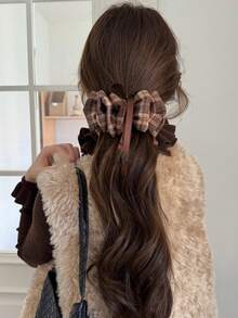 1/3个格子荷叶边蝴蝶结发夹，复古优雅马尾辫/半扎发造型配饰，适合女性，适用于细软和粗硬发质，户外、聚会、送礼佳品，发夹，发卡，女士发饰，头部配饰，发卡 - 彩色 - 查看 3