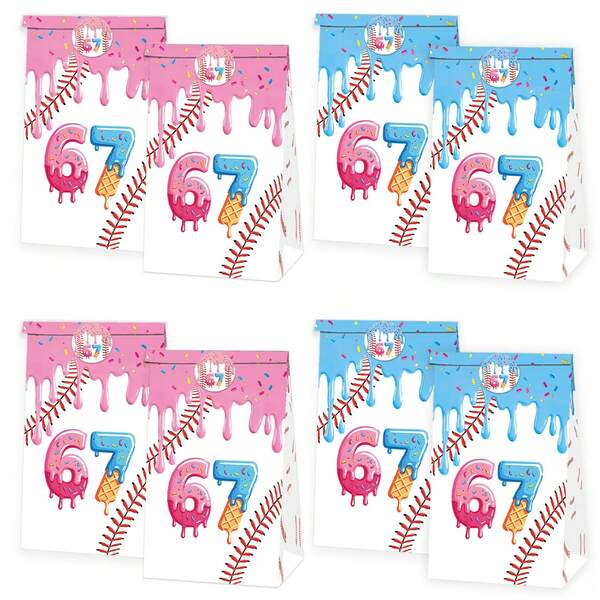 67 Ice Cream Baseball Gift Bag - A Small Gift Snack Candy Paper Packaging Bag Suitable For Baseball-Themed Items, With Stickers, Suitable For Use In Birthday Parties, Baptisms, School Classroom Team Decorations, Etc.