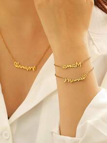 Minimalist Fashion Stainless Steel Jewelry Set, "Mom" Letter Pendant Necklace And Bracelet, Perfect Mother's Day Gift, Jewelry Accessories - Gold - View 4