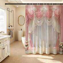 1件装粉白蕾丝荷叶边浴帘，带挂钩，浪漫婚礼浴室浴帘，维多利亚风格花卉浴帘，打造奢华浴室装饰，柔软薄纱蕾丝浴室配件，优雅浴室用品，时尚浴室的奢华之选，高品质浴室浴帘，永恒家居装饰 - 粉紅白 - 查看 9