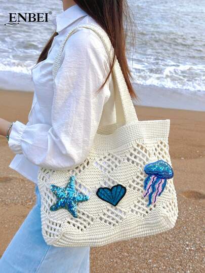  ENBEI 2026 Bolsa de Praia Feminina Estilo Vintage para Primavera/Verão, Alça de Ombro Trançada à Mão, Bolsa Tote Elegante e Dobrável com Grande Capacidade e Detalhes Vazados, Essencial para Viagens, Encontros, Passeios, Compras, Férias, Cruzeiros, Perfeita para Presentear no Dia das Mães, Dia dos Namorados ou Dia dos Professores.