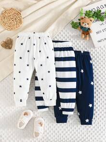 3pcs Celana Kasual Bayi Laki-laki Motif Beruang Lucu, Garis-garis & Huruf, Cocok untuk Aktivitas Luar Ruangan Musim Semi/Panas - MultiWarna - View 3