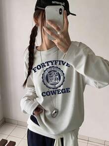 1件女士休闲宽松圆领T恤，英文印花图案，百搭学院风，2026春季款 - 淺花灰 - 查看 1