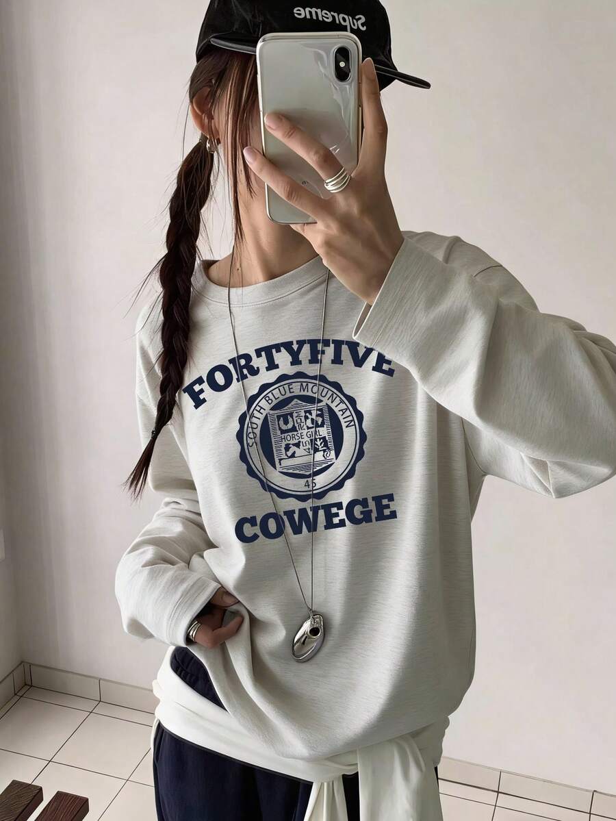 1件女士休闲宽松圆领T恤，英文印花图案，百搭学院风，2026春季款 - 淺花灰 - 查看 1