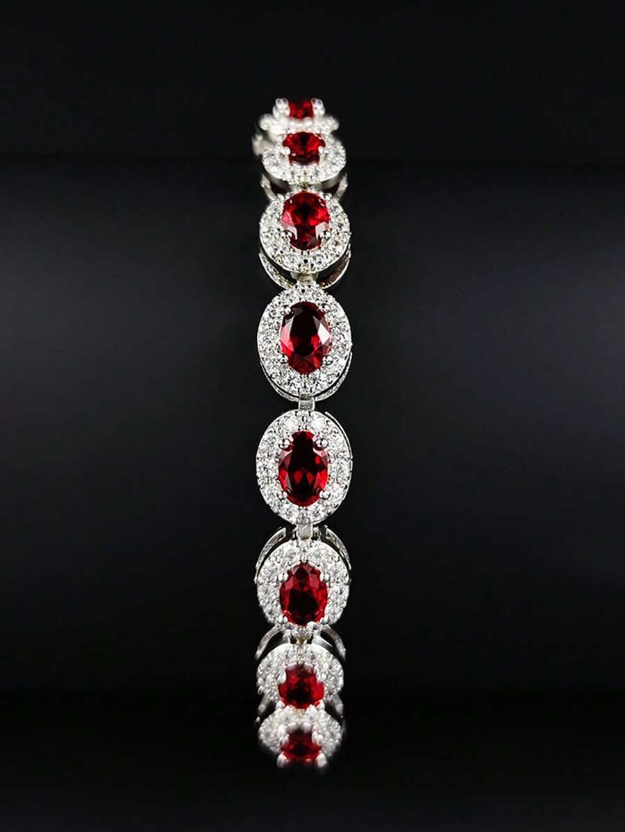 MOONSO 奢华全镶红色椭圆形闪亮合成锆石手链 S6923