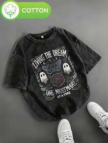 Women's Retro Gothic Halloween T-Shirt - Fantasy Ghost Pattern Short Sleeve Shirt - Black Retro Top With Ghosts, Roses, And Nightmare Quotes - Lightweight Summer Theme Party Casual Wear, Fun Aesthetics, Breathable Fabric, Unique Fashion, Alternative  - Unisex Plus Size Top - 純黑色 - 查看 1