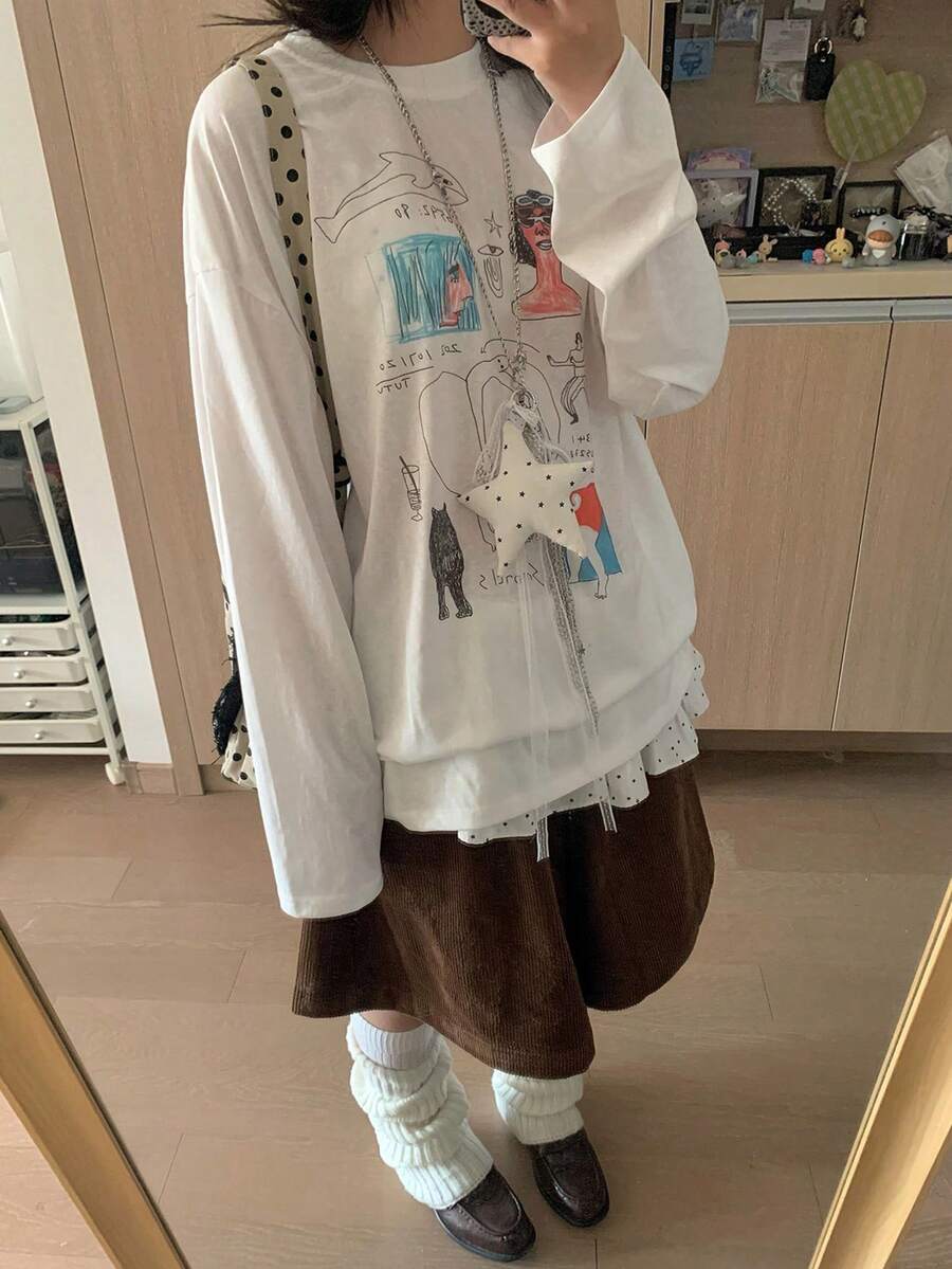 Cute Graffiti Print Pullover T-Shirt, Women Loose Casual Long Sleeve T-Shirt, Soft Girlish Daily Top - White - View 1