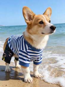 Spring/Summer New Pet Dog/Cat Clothes, Poodle, Bichon Frise, Teddy, Ragdoll Cat, Siamese Cat Denim Jeans, Blue Striped T-Shirt, Fashionable Patchwork - Blue - View 6