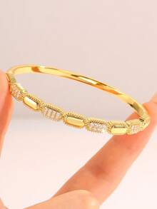 Camhanno 5/1pc Golden Jewelry Set, Elegant Copper Bangle, Perfect For Daily Commuting, Ideal Valentine's Day Gift With Intricate Woven , Subtle Sparkling - Gold - View 9
