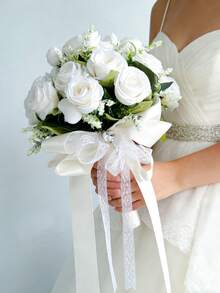 Artificial White Rose Bridal Wedding Bouquet, Lace Bow & Rhinestone Decor, Proposal Gift, Toss Bouquet - Multicolor - View 2