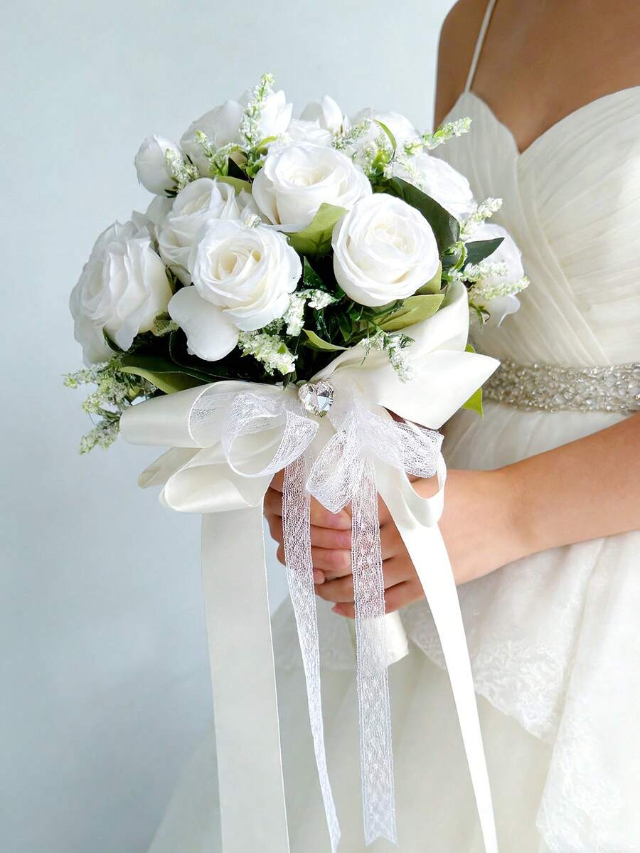 Artificial White Rose Bridal Wedding Bouquet, Lace Bow & Rhinestone Decor, Proposal Gift, Toss Bouquet