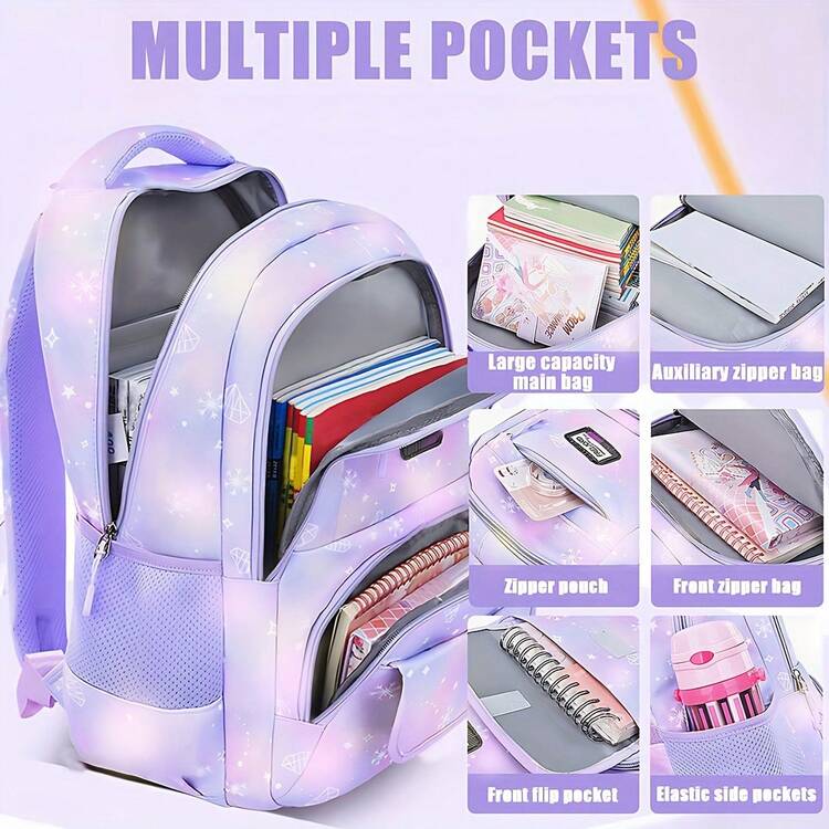 Girl's Backpack With Lunch Box, Suitable For Middle/Elementary School Students, Tie-Dyed Snowflake Design Backpack Set With Lunch Bag, Casual & Unique - Pink - View 5