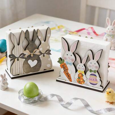 1/4pcs Easter Wooden Napkin Holder With Rabbit & Cross Pattern, Rustic Style Dining Table Decor, Spring Holiday Party Supplies