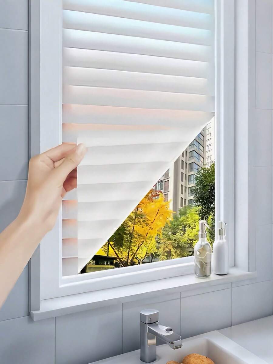 浴室用磨砂玻璃隐私膜，无胶静电吸附可移除窗贴，防紫外线不透明遮光膜，百叶窗图案