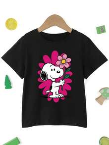 Soft Cute Pink Flower Snoopy Girls' Short Sleeve T-Shirt, Black Base Contrast Cartoon Print Top, Sweet Style Kids' Wear For Daily & Outings - màu đen - Xem 3