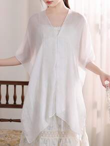 1pc Women Shawl Scarf, Lightweight Mesh Wrap, New Chinese Style Headscarf, Suitable For Summer Travel And Beach, Sun Protection - White - View 4