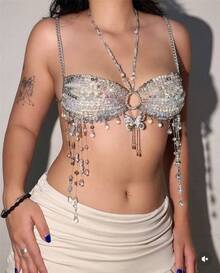 GLOSSMOON Handmade Crystal Beaded Body Chain Bra - Resin Tassel Chest Chain - Boho Beach Party & Rave Jewelry For Women  Moonlit Crystal & Resin Body Chain | Ultimate Mermaidcore Aesthetic | Lightweight Festival Rave Top Jewelry - 白色 - 查看 8