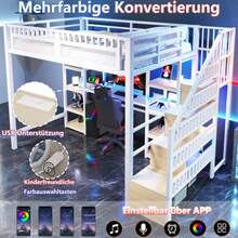 Hochbett, 140 X 200 Cm, Eisenrahmen, Ablagefach, Leiter Mit Stauraum, Schreibtisch, LED-Lichtleiste, USB-Anschluss Inklusive, Ohne Matratze, White - White - View 4